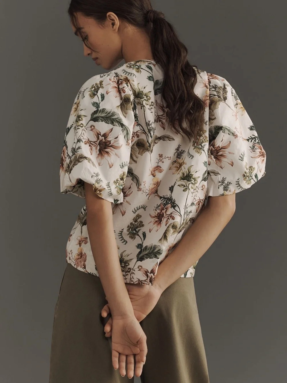 Anthropologie Floral V-Neck Puff-Sleeve Blouse — White with Pink & Green Print